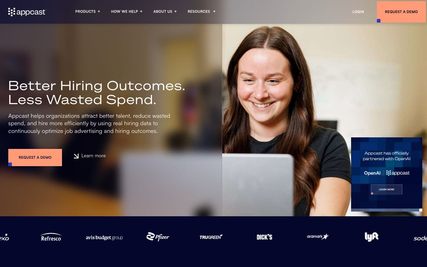 Screenshot of Appcast's homepage: "Better Hiring Outcomes. Less Wasted Spend." — captured August 2026