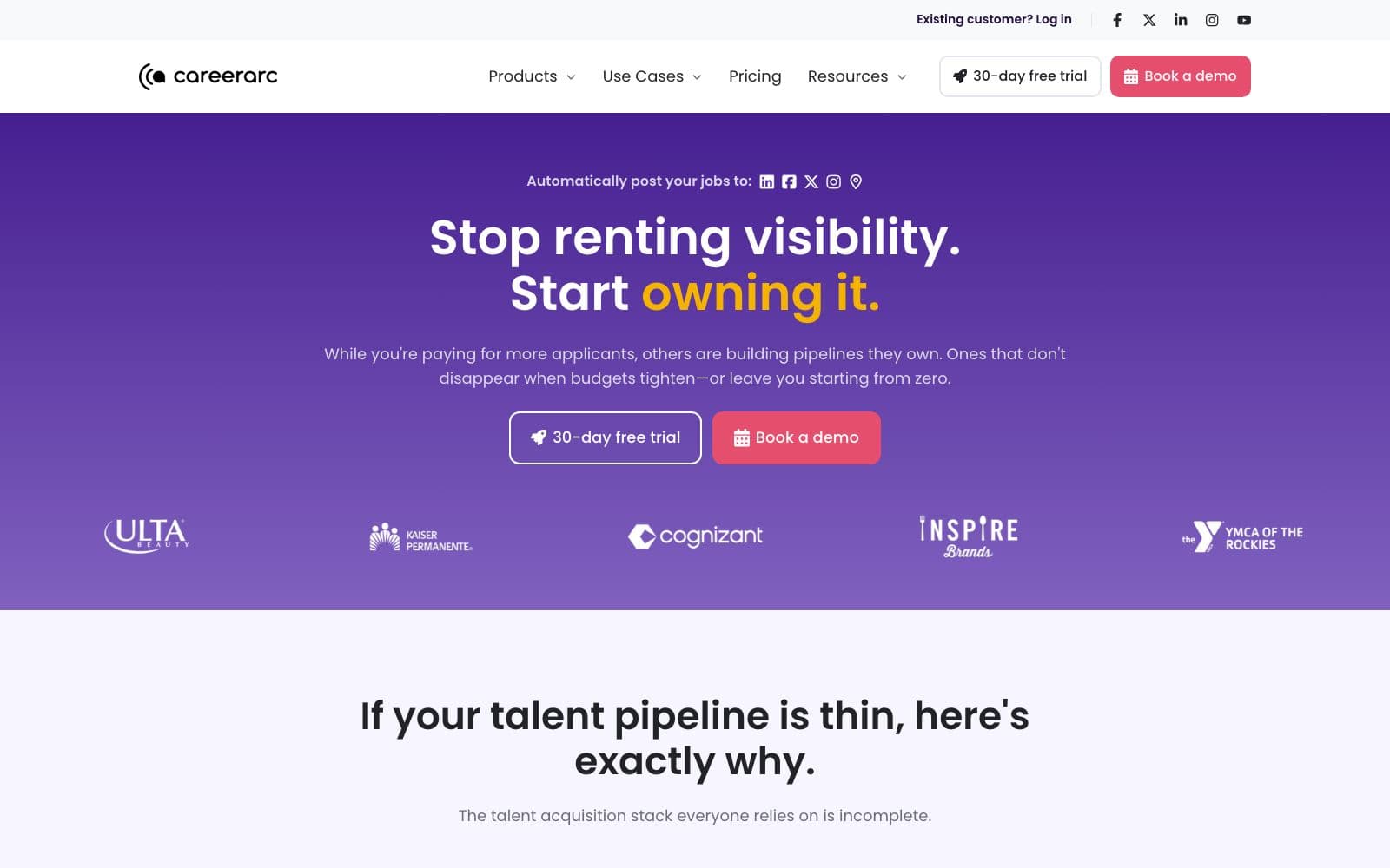 Screenshot of careerarc's website hero: "Stop renting visibility. Start owning it."