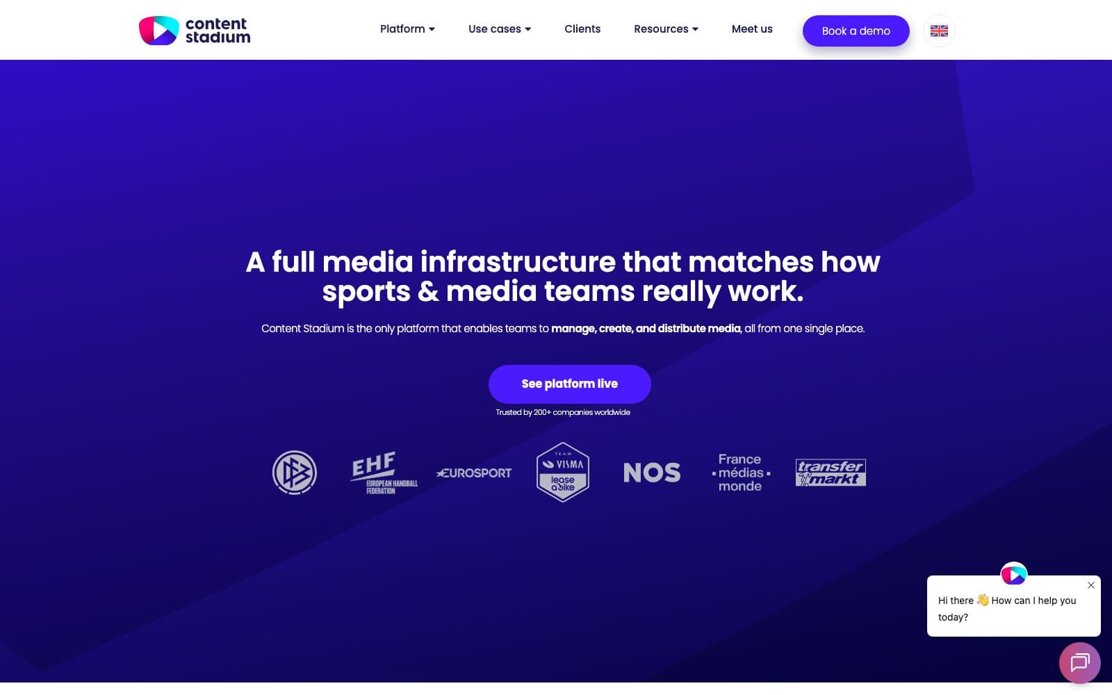 Screenshot of content stadium's website hero: "A full media infrastructure that matches how sports & media teams really work."