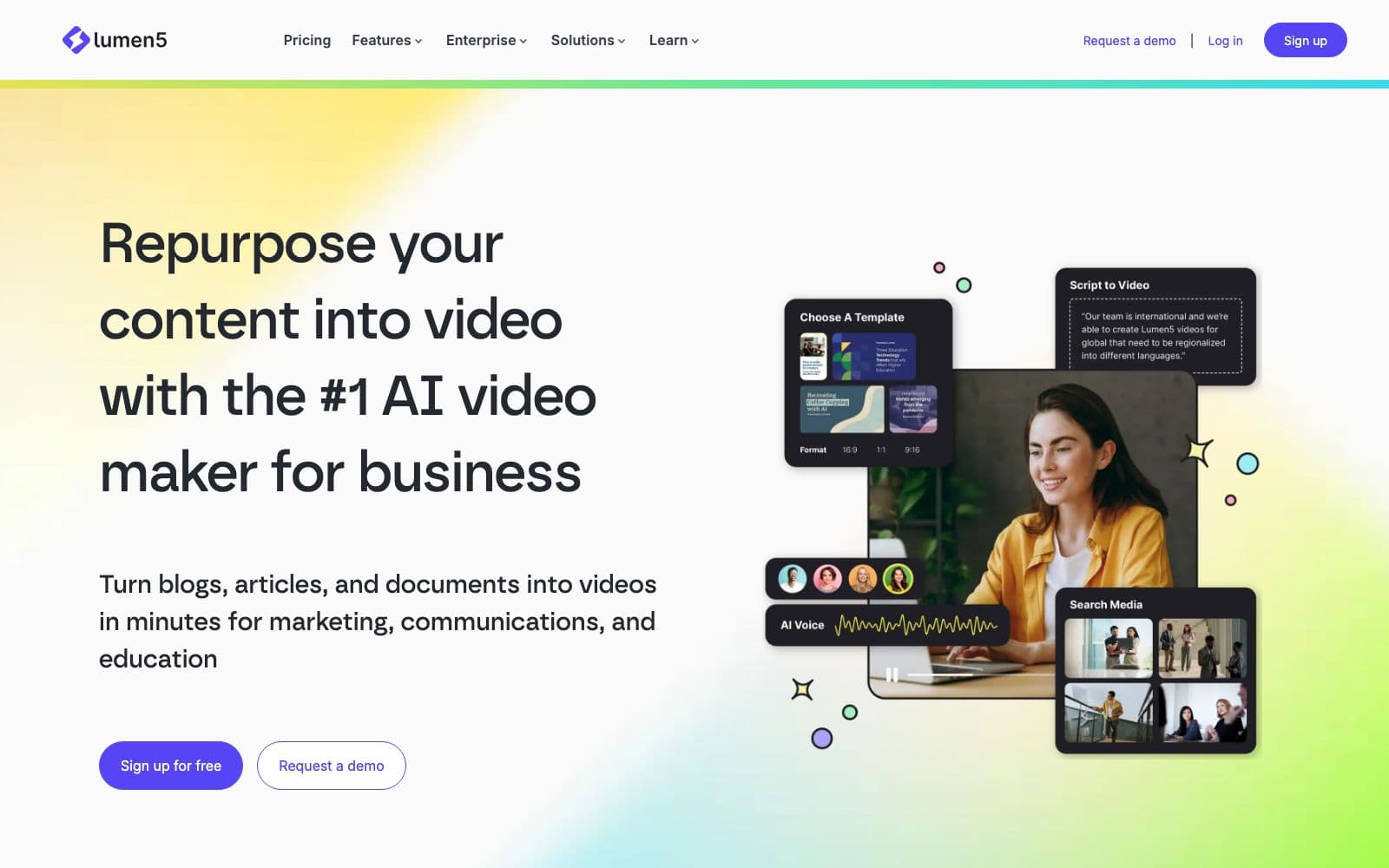 Screenshot of lumen5's website hero: "Repurpose your content into video with the #1 AI video maker for business"