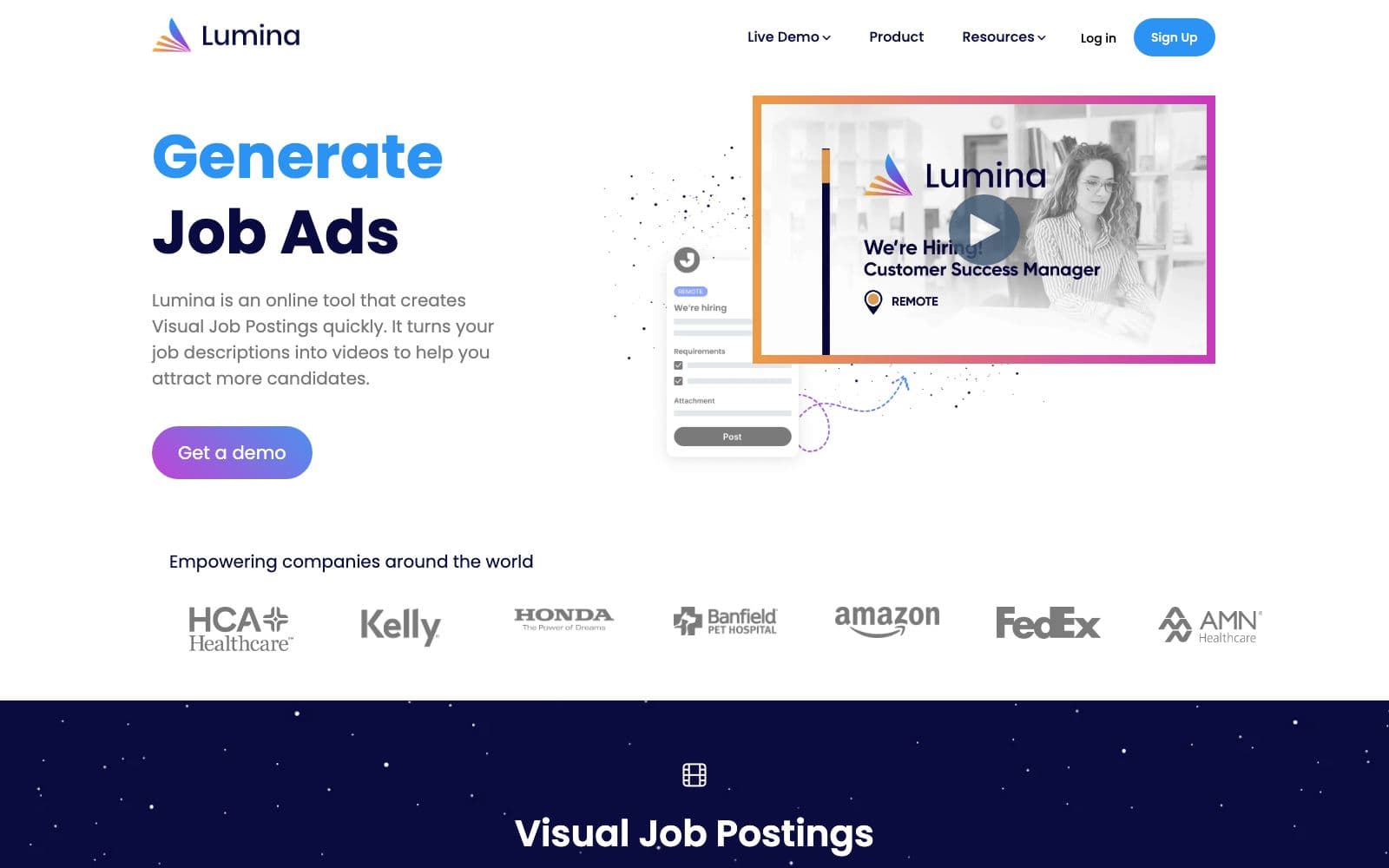 Screenshot of lumina's website hero: "Generate Job Ads"