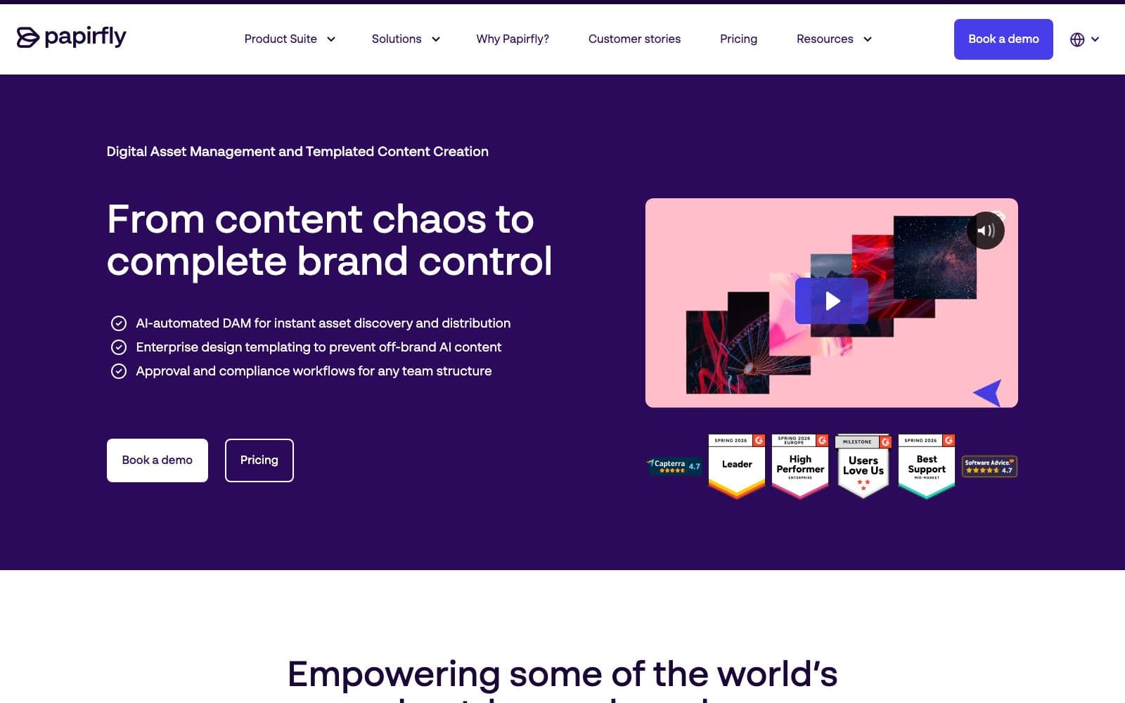 Screenshot of papirfly's website hero: "Digital Asset Management and Templated Content Creation"