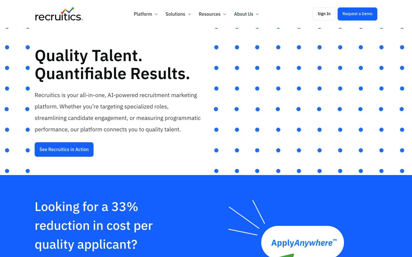 Screenshot of Recruitics' homepage: "Quality Talent. Quantifiable Results." — captured August 2026