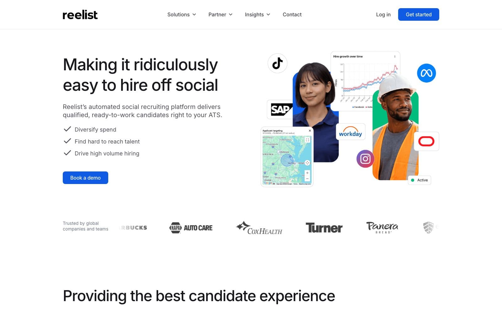 Screenshot of reelist's website hero: "Making it ridiculously easy to hire off social"