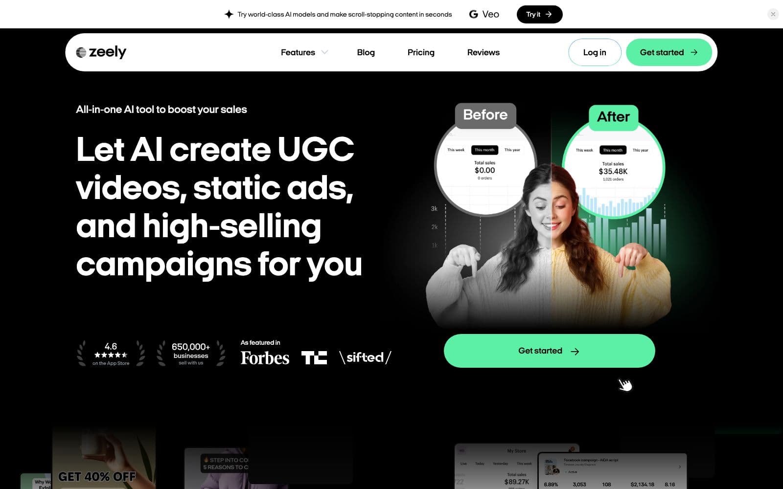 Screenshot of zeely's website hero: "Let AI create UGC videos, static ads, and high-selling campaigns for you"