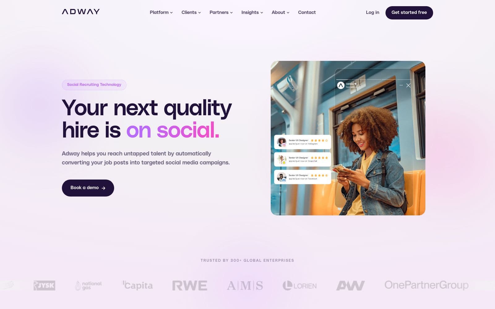 Screenshot of adway's website hero: "Your next quality hire is on social."