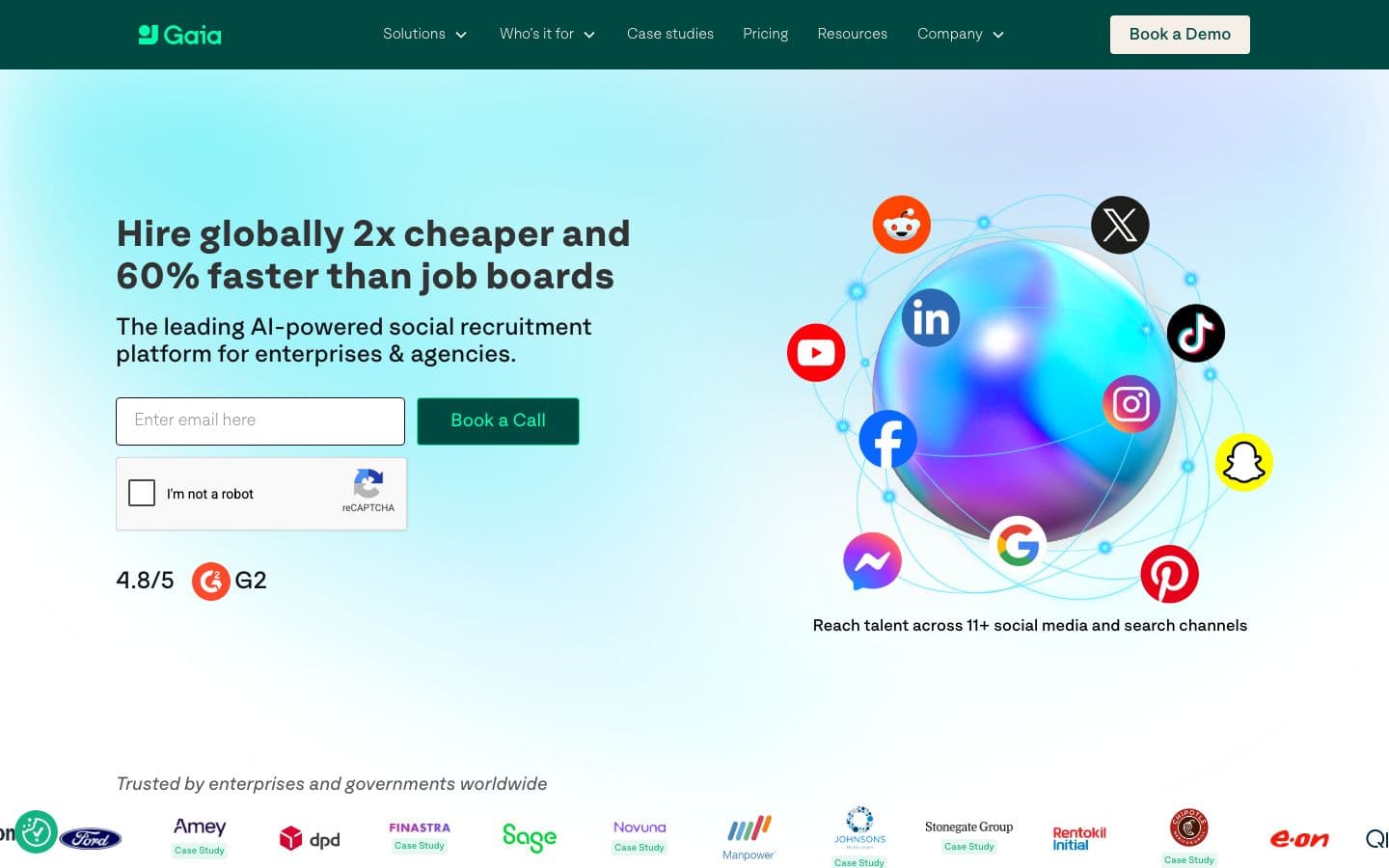 Screenshot of Gaia's homepage: "Hire globally 2x cheaper and 60% faster than job boards" — captured August 2026