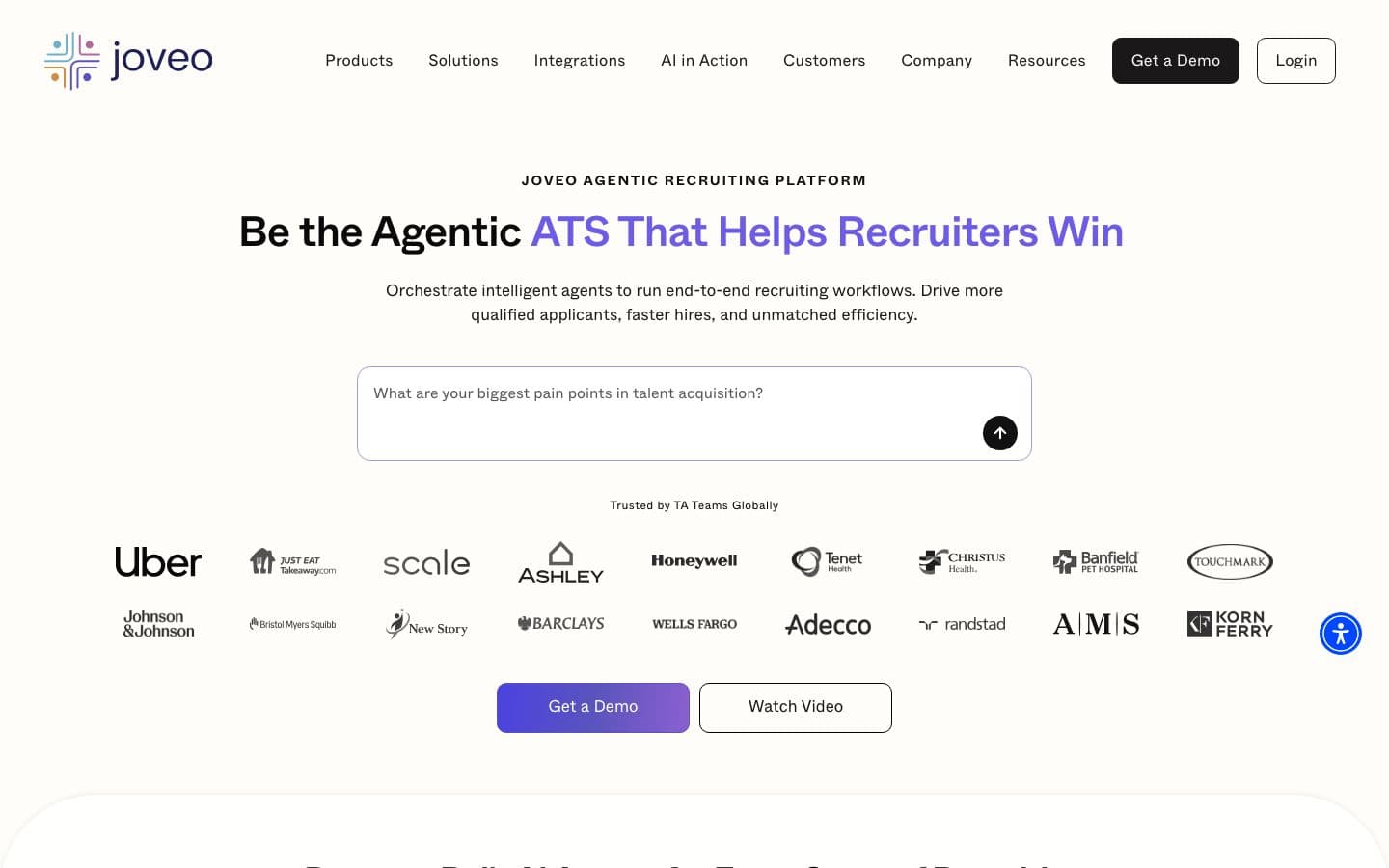 Screenshot of Joveo's homepage: "Be the Agentic ATS That Helps Recruiters Win" — captured August 2026