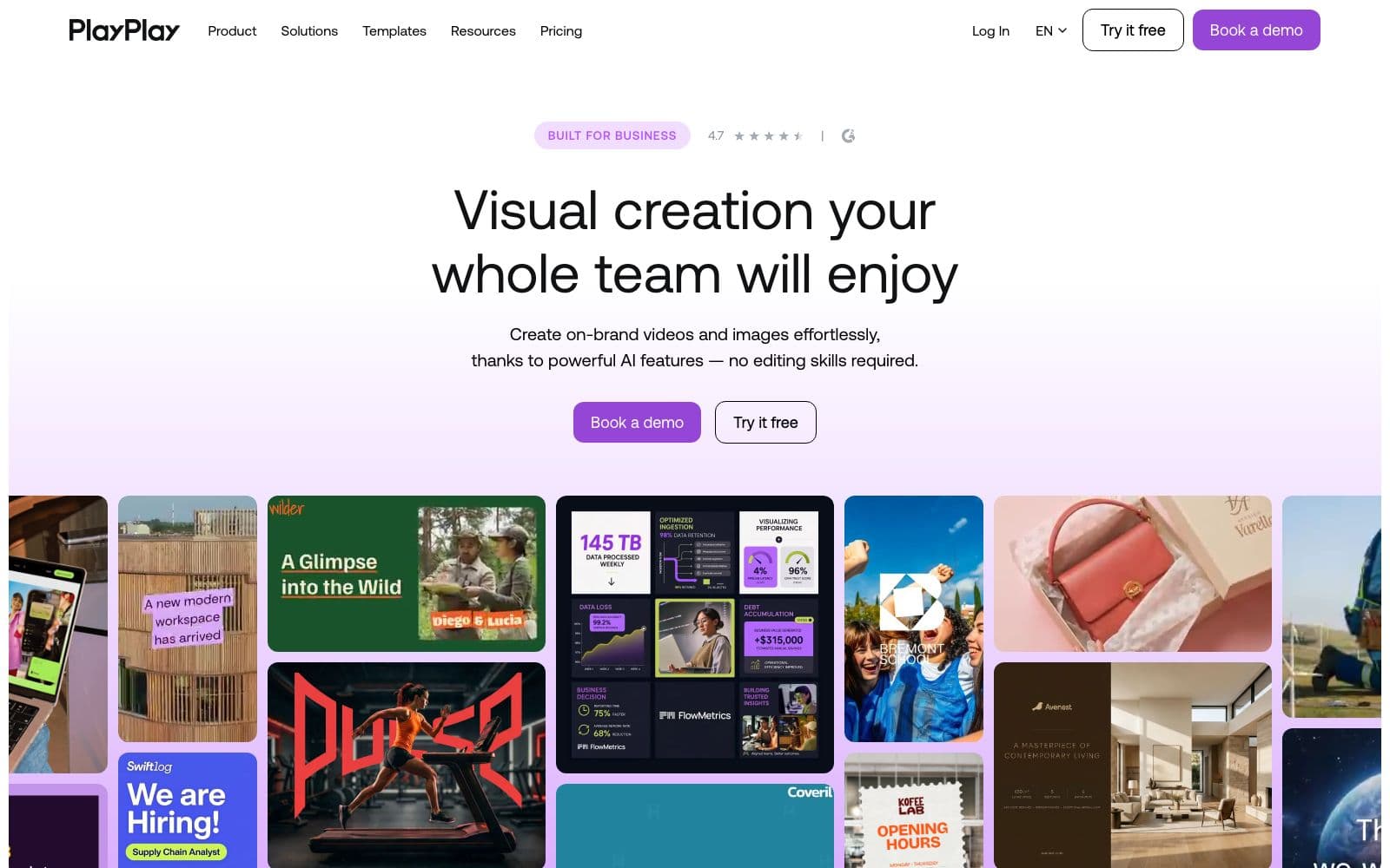 Screenshot of playplay's website hero: "Visual creation your whole team will enjoy"