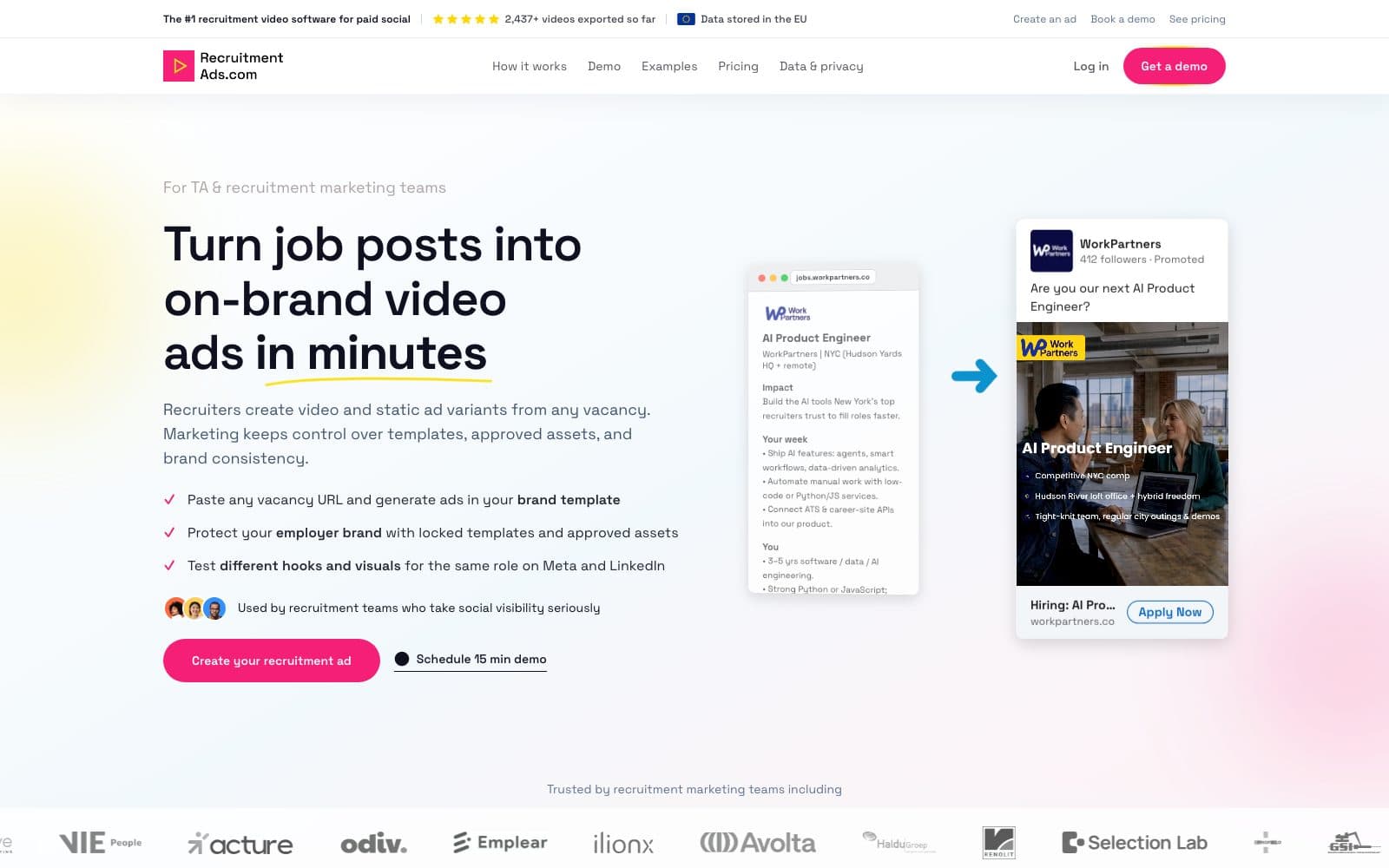 Screenshot of RecruitmentAds.com's homepage: turn job posts into on-brand video ads for Meta and LinkedIn, with the create-your-recruitment-ad flow