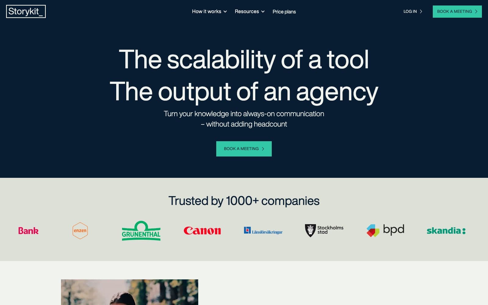 Screenshot of storykit's website hero: "Turn your knowledge into always-on communication – without adding headcount"