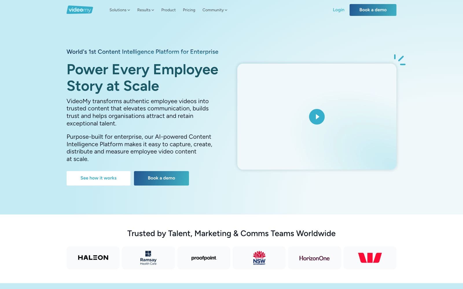 Screenshot of videomyjob's website hero: "Power Every Employee Story at Scale"