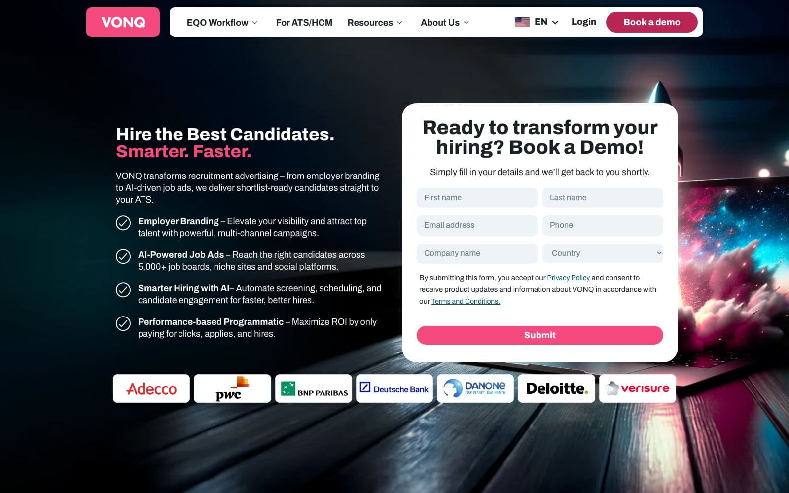 Screenshot of VONQ's homepage: 'Hire the Best Candidates. Smarter. Faster.' — EQO workflow navigation, demo form, and Adecco/PwC/Deloitte client logos