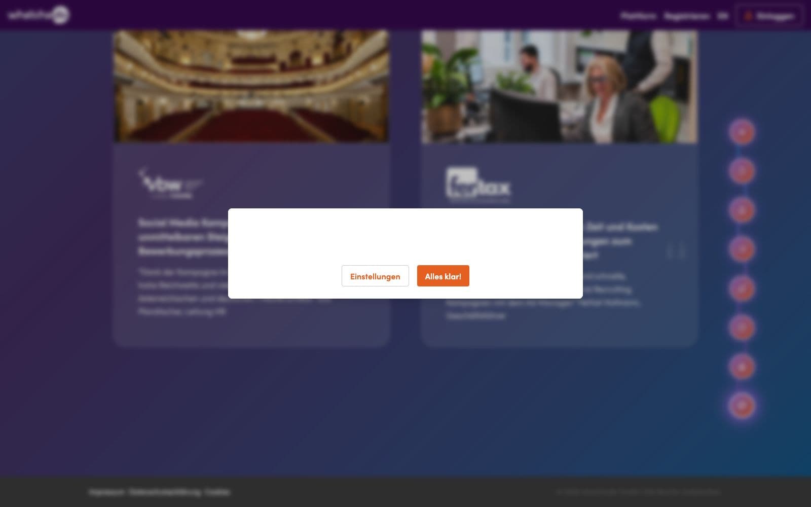 Screenshot of whatchado's website hero: "Deine Jobs. Als Video. Auf Social Media."