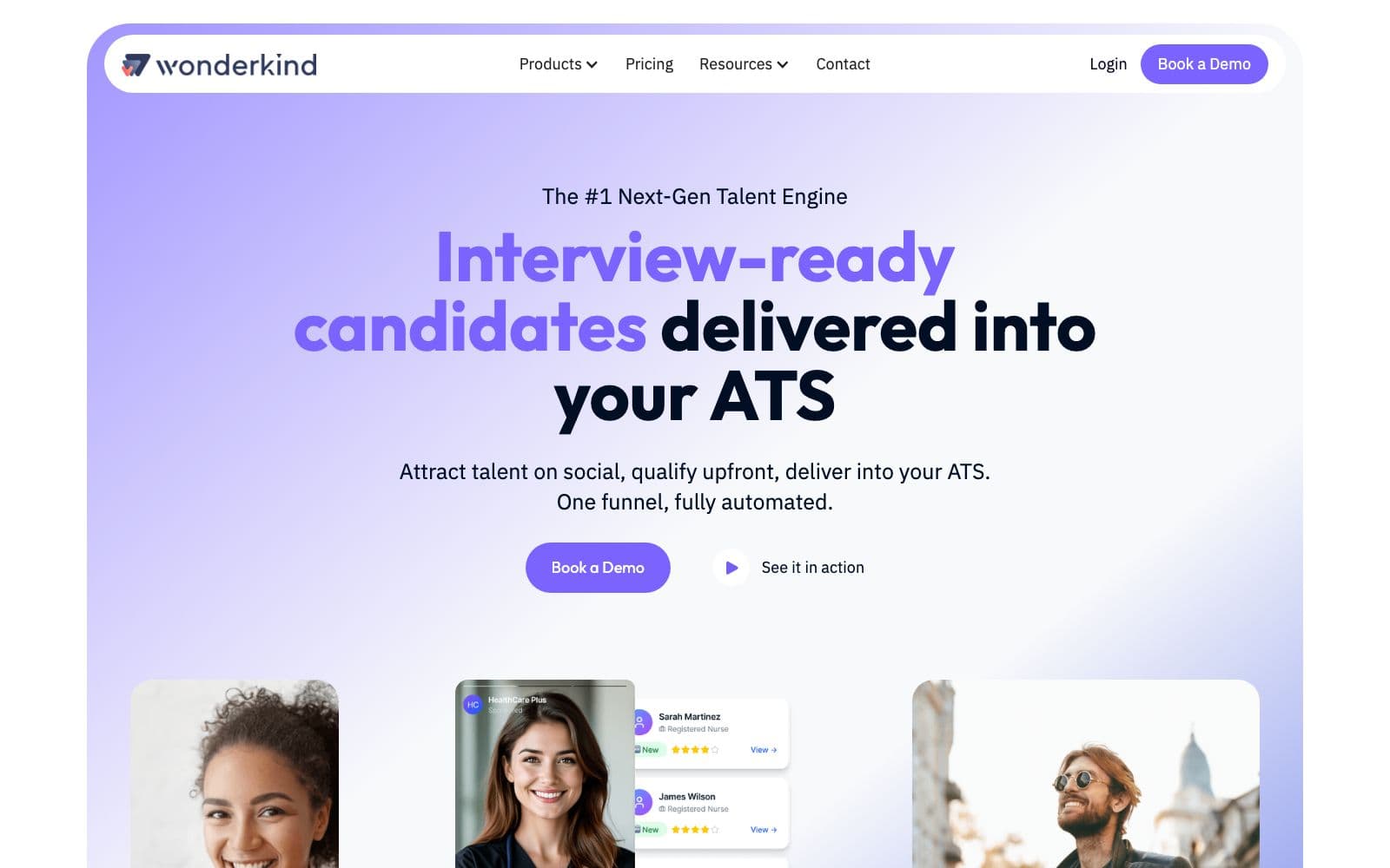 Screenshot of wonderkind's website hero: "Interview-ready candidates delivered into your ATS"